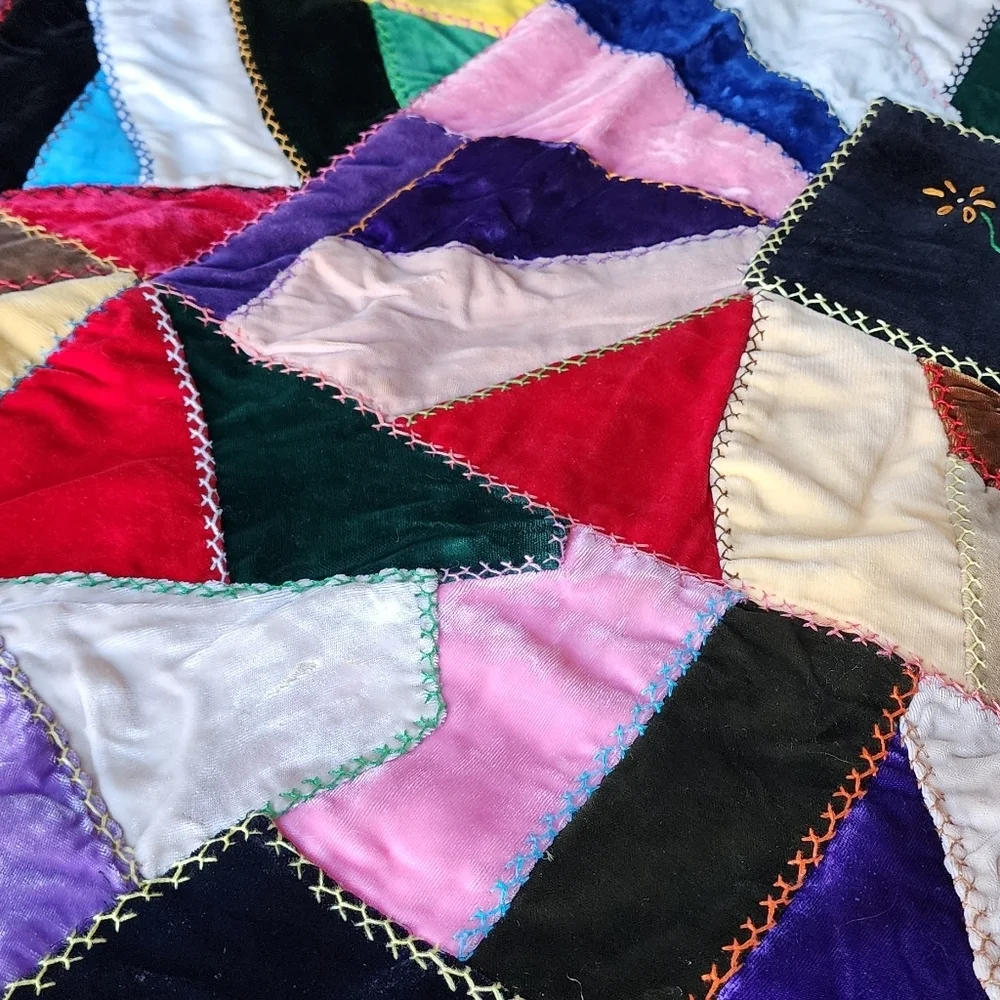 ANTIQUE Velvet Crazy Quilt bright‎ colors floral embroidered 73in x 55in